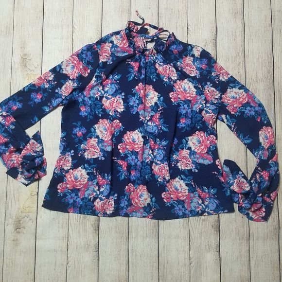 WAYF Nordstrom Blue Floral Print Top w Tie Sleeves - Picture 1 of 7